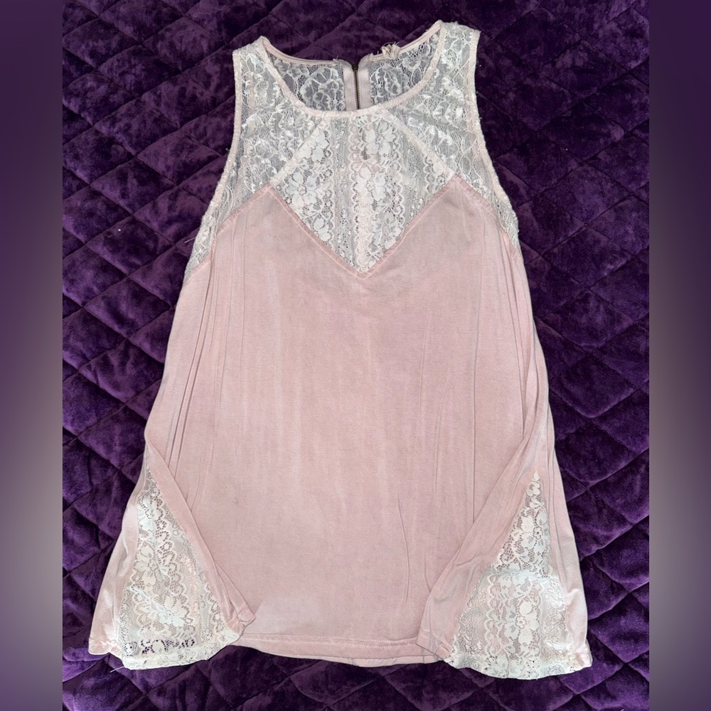 POL Lace Accent Blouse - Light Pink and White